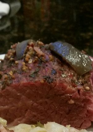 A picture of Brad's smoked and slow cooked corned beef in stout.