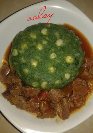 A picture of Mukimo and beef stew.