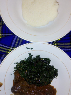 A picture of Wet fry liver with sukuma and ugali.
