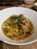 Egg Noodles with Chicken in Chinese Five-Spice Broth with Bitter Melon and Daikon