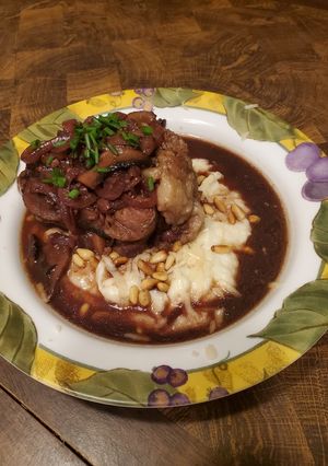 A picture of Brad's red wine braised ox tail w/ cauliflower puree.