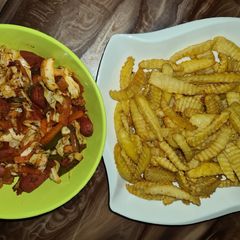 A picture of Chips and sausage.