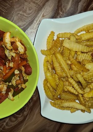 A picture of Chips and sausage.