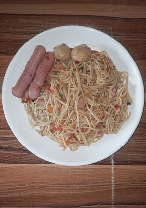 A picture of Spaghetti, Mushroom and Sausage.