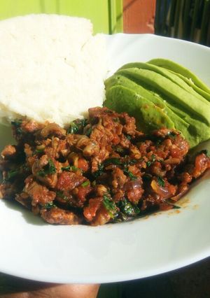 A picture of Wet fry meat with ugali and avocado...#authourmarathon.