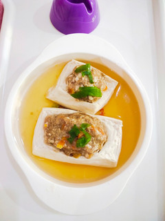 Foto resep Mpasi 1y+ (Steamed tofu ayam cincang & udang) dengan kuah dashi
