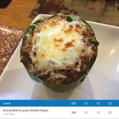 A picture of Shaved beef stuff pepper with white Queso cheese.