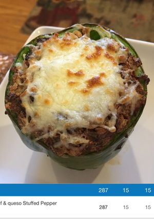 A picture of Shaved beef stuff pepper with white Queso cheese.