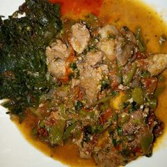 A picture of Beef stew and Spinach.
