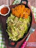 Spaghetti Matcha Cheese Mushroom with Chicken Katsu