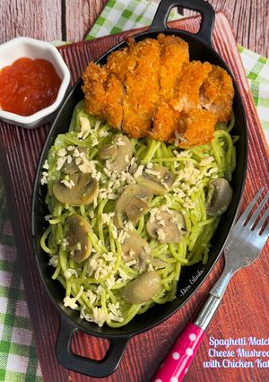 Foto resep Spaghetti Matcha Cheese Mushroom with Chicken Katsu