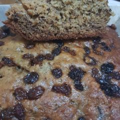 A picture of Banana bread with raisins.