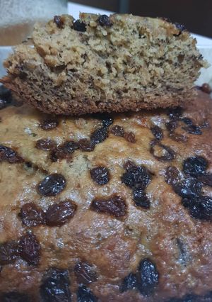 A picture of Banana bread with raisins.