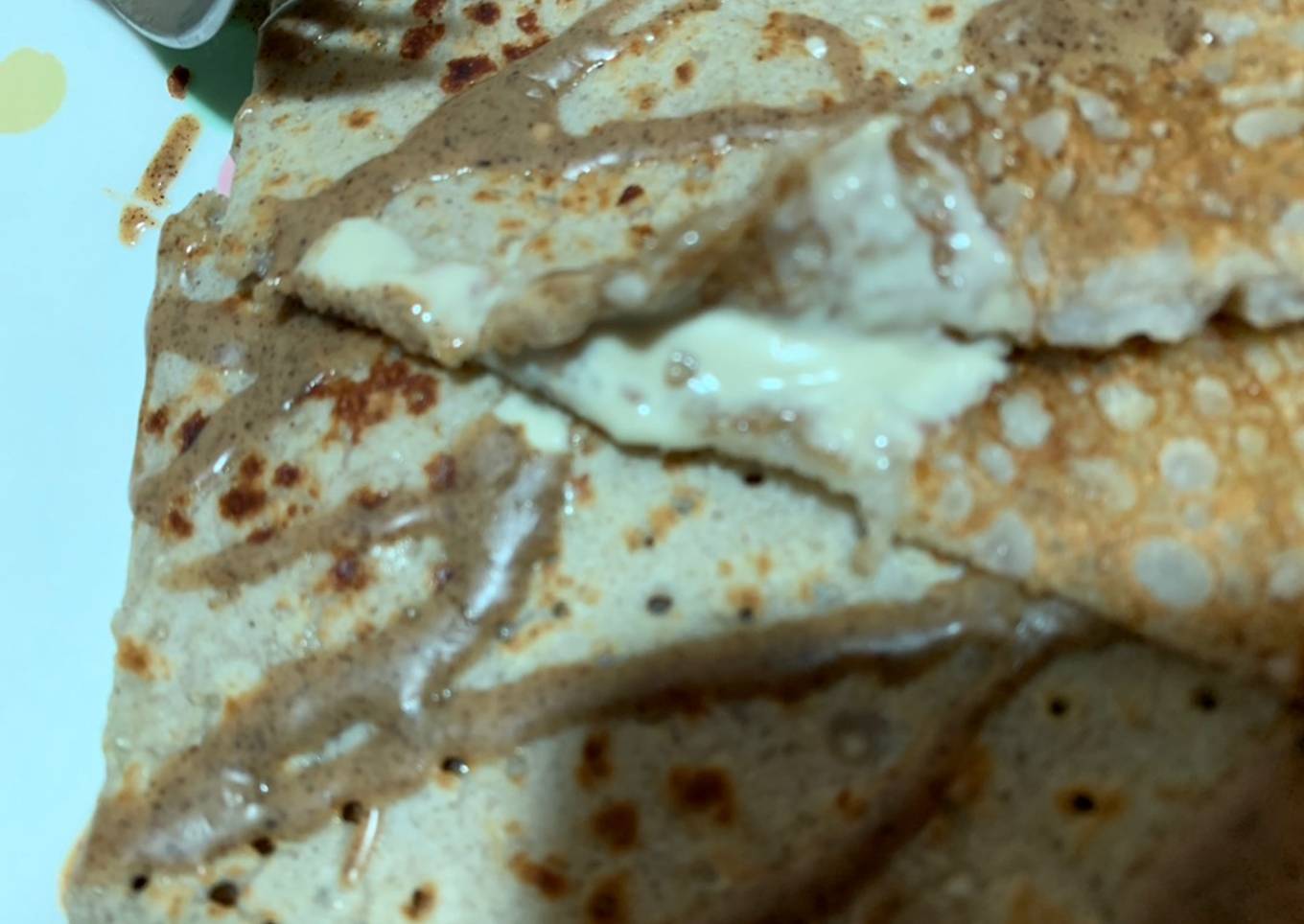 Crepes de avena y sarraceno con chocolate blanco s/a y crema de avellana🫔🫔