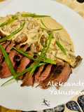 Ostrich steak with red wine and mushroom sauce