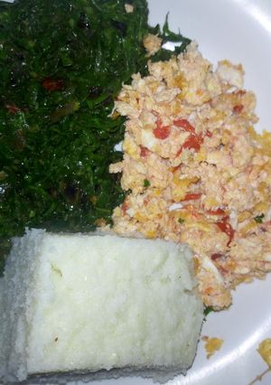 A picture of Ugali kale and scrambled eggs.