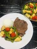Picanha a la Plancha con Vegetales  al Ajillo con Espárragos, Tomatitos Cherry y Patatas!