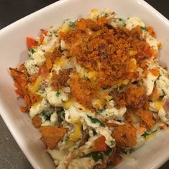 A picture of Egg white scramble with crab meat and crispy red pepper.