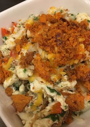 A picture of Egg white scramble with crab meat and crispy red pepper.