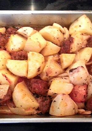 A picture of Baked Spanish Chorizo with potatoes.