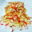 Carpaccio de gamba roja con grana padano y salsa de soja