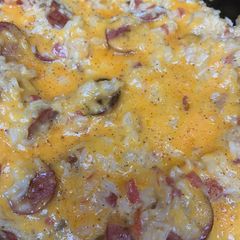 A picture of Simple sausage and rice.