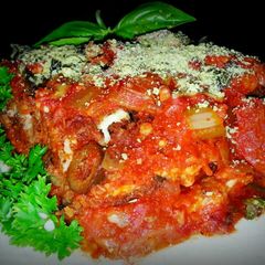 A picture of Mike's Sausage Eggplant Parmesan.