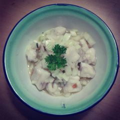 A picture of Ceviche de Corvina (white sea bass) Panama style.