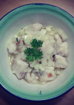 A picture of Ceviche de Corvina (white sea bass) Panama style.