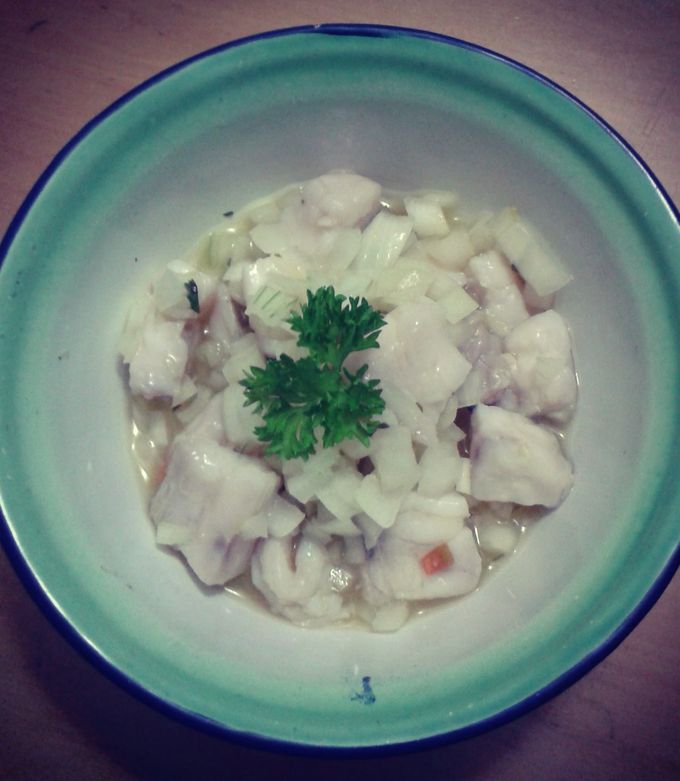 A picture of Ceviche de Corvina (white sea bass) Panama style.