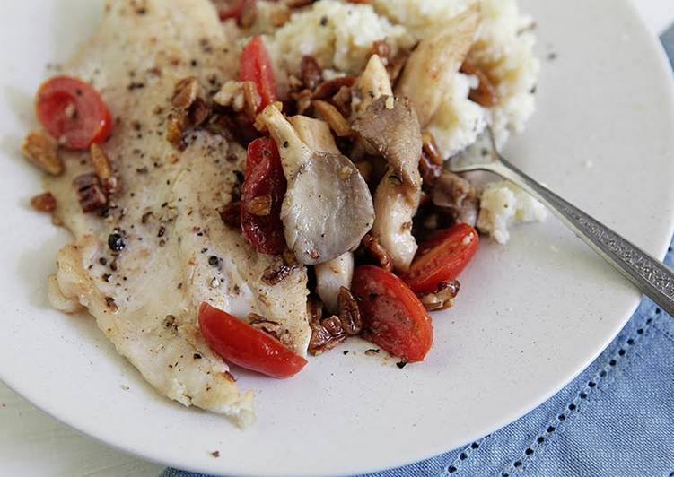 Simple Way to Prepare Perfect North Carolina Trout with Sautéed Oyster Mushrooms and Pecans with Gouda Grits