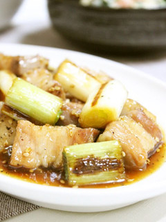 A picture of Excellent Pork Belly Block & Japanese Leek in Delicious Sauce.