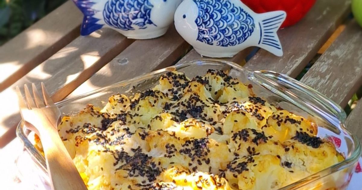 Vöröslencsés rakott karfiol (vegán)