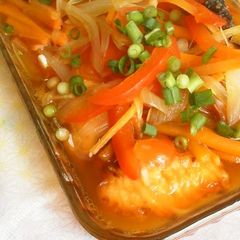 A picture of Non-Fried Marinated Nanban - Raw Salmon and Sweet Onions Using Shio-Koji.