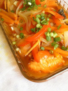 A picture of Non-Fried Marinated Nanban - Raw Salmon and Sweet Onions Using Shio-Koji.