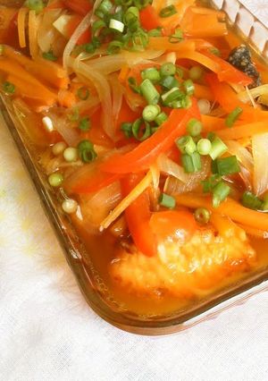 A picture of Non-Fried Marinated Nanban - Raw Salmon and Sweet Onions Using Shio-Koji.
