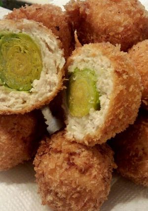 A picture of Minced Chicken Cutlets with Brussels Sprouts.