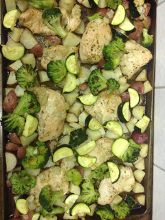 A picture of Roasted Chicken, Potatoes & Veggies.