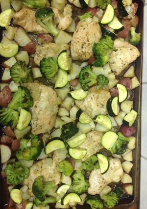 A picture of Roasted Chicken, Potatoes & Veggies.