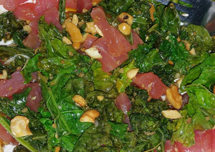 Steps to Prepare Award-winning Raw Tuna Kale Teriyaki Sesame Salade with Cashews