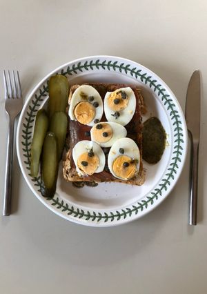 A picture of Gravadlax, Egg & Gherkin Open Sandwich.