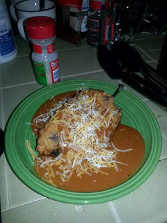 A picture of Yummy Poblano Peppers aka Chili Rillenos with Homemade enchilada sauce! :-).