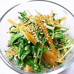 A picture of Dried Sweet Potato and Mizuna with Mayonnaise-Ponzu Dressing.
