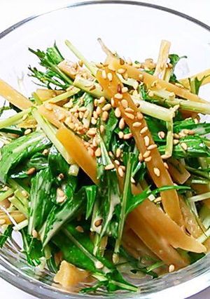 A picture of Dried Sweet Potato and Mizuna with Mayonnaise-Ponzu Dressing.
