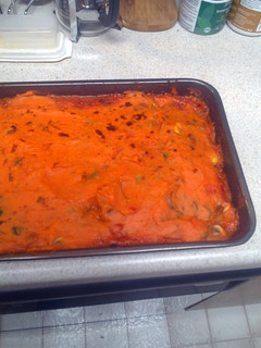 A picture of Shepherd's pie with sweet potatoes.