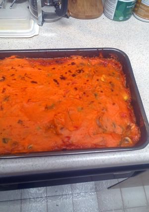 A picture of Shepherd's pie with sweet potatoes.
