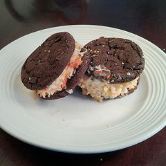 A picture of Halloween Brownie Cookie Ice Cream Sandwiches.
