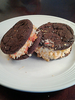 A picture of Halloween Brownie Cookie Ice Cream Sandwiches.