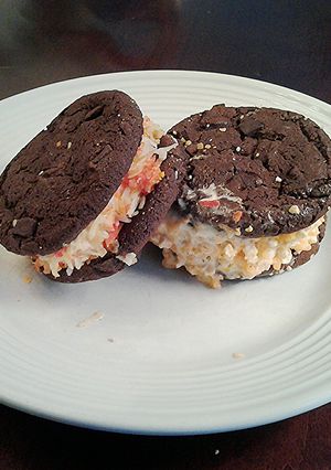 A picture of Halloween Brownie Cookie Ice Cream Sandwiches.