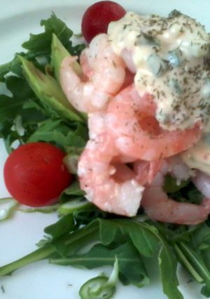 A picture of Prawn cocktail with Rocket and Cucumber dressing.